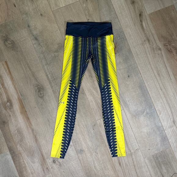 Under Armour Heat Gear Running Leggings Blue Yellow Compression Womens Size XS - Picture 1 of 7
